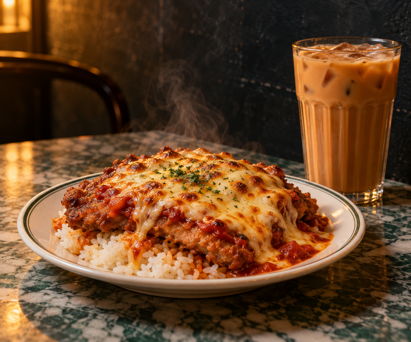 Baked pork chop rice with tomato sauce beside iced milk tea on a marble table